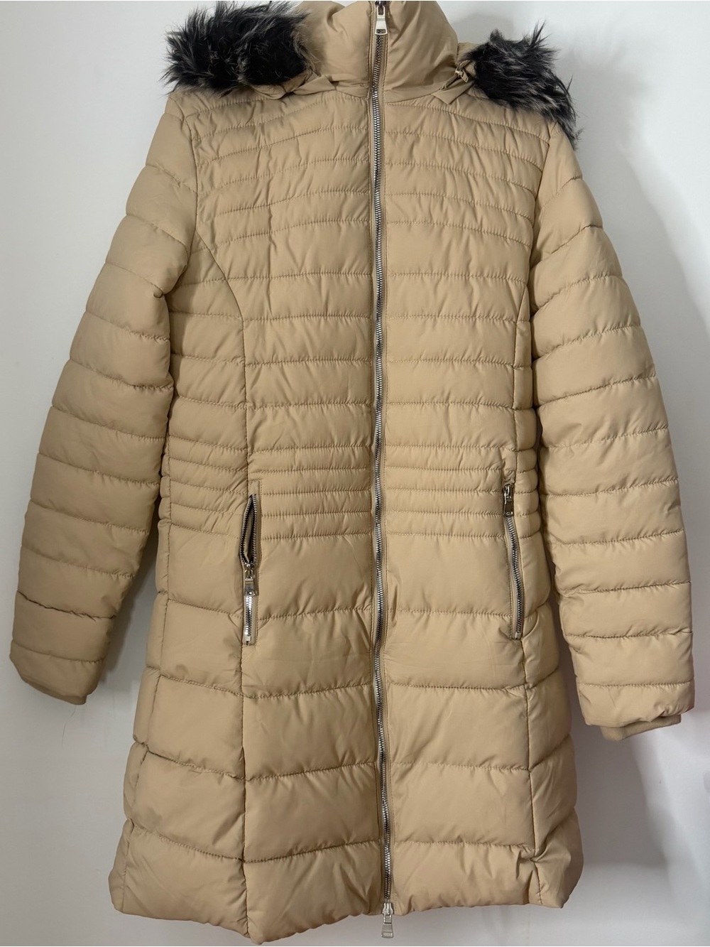 Fashion Nova Beige Quilted Puffer Coat with Faux Fur Trim